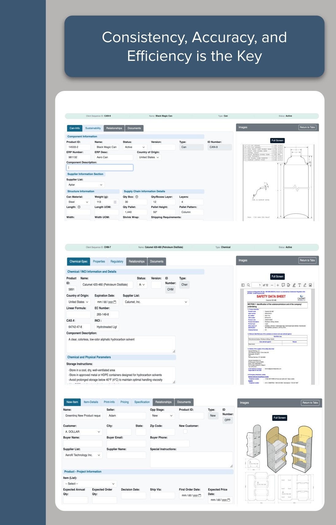 Greenlinq supports Chemical Industrial Components INCI CAS Packaging Regulatory Quality Operations Manufacturing Doc Management COAs SCAR PAR Formula and Product Data for Chemicals and Industrials